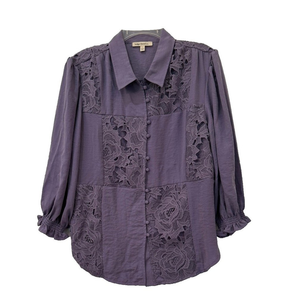 NWOT Indigo Thread Size Large Purple Lace Overlay Button Front Blouse‎